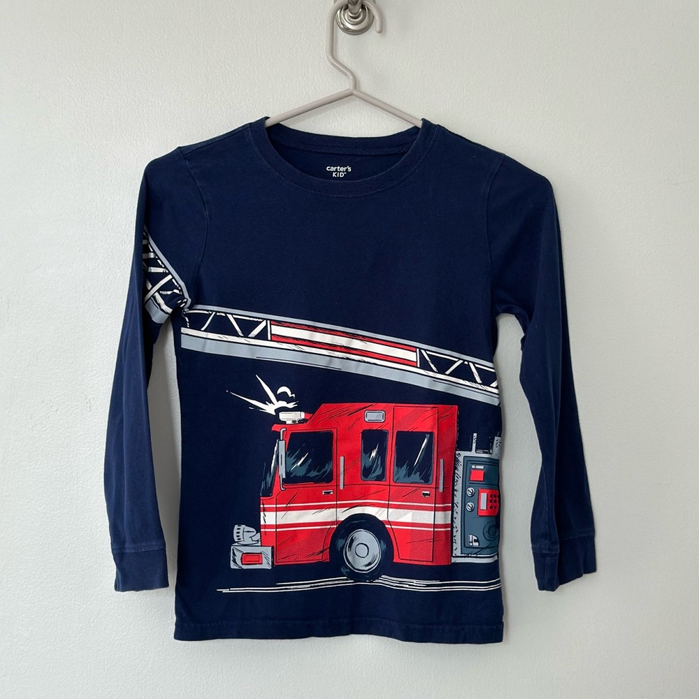 Carter's Blue and Red Long Sleeve Fire Truck Tee